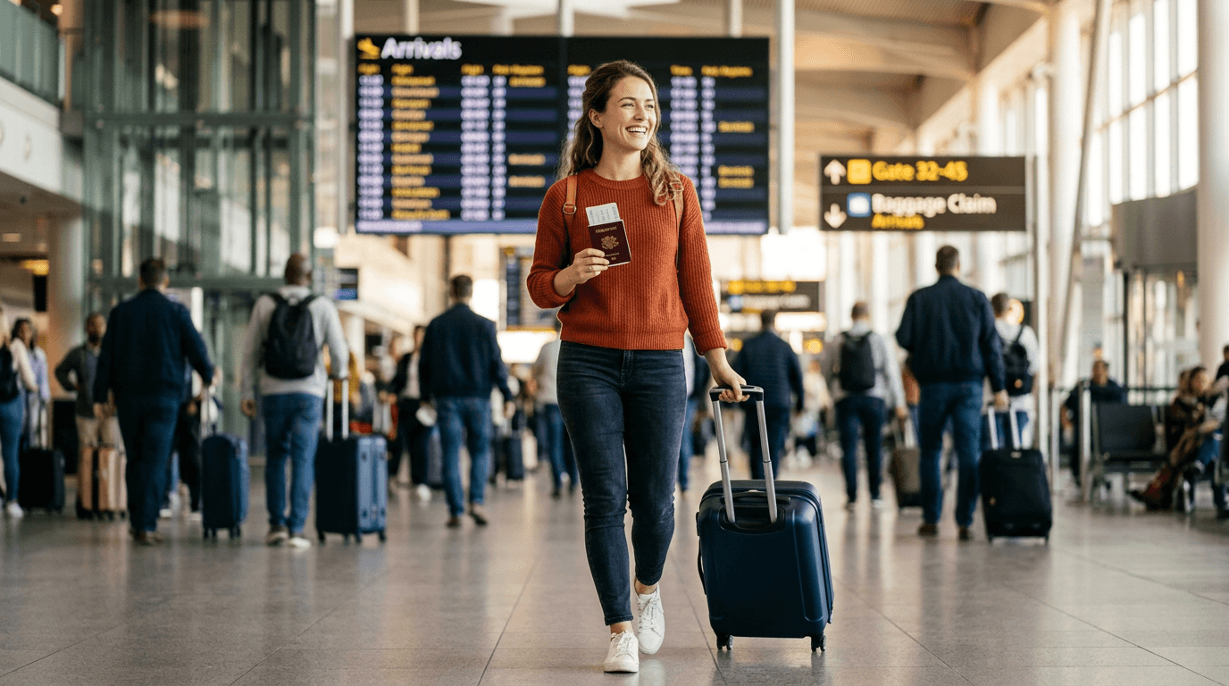 Traveler with passport and luggage in an airport terminal