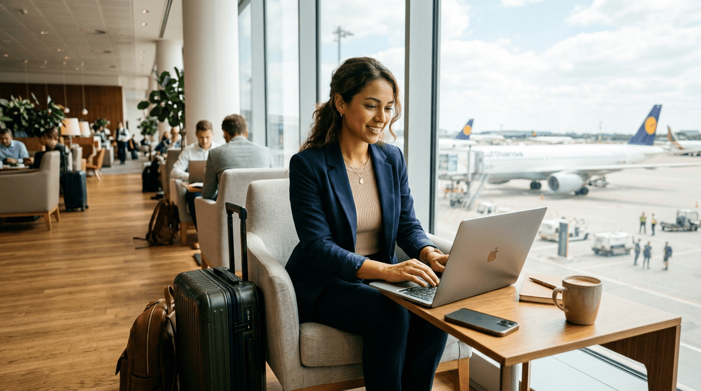 Traveler completing a visa application on a laptop in an airport lounge